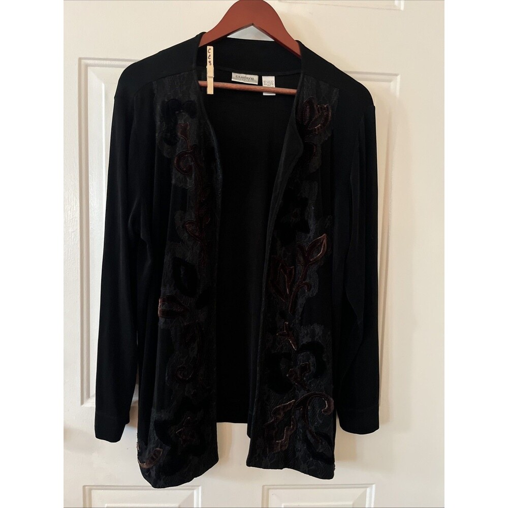 Chico's Travelers Long Sleeve Open Front Velvet Trim Embroidered Cardigan 3 XL